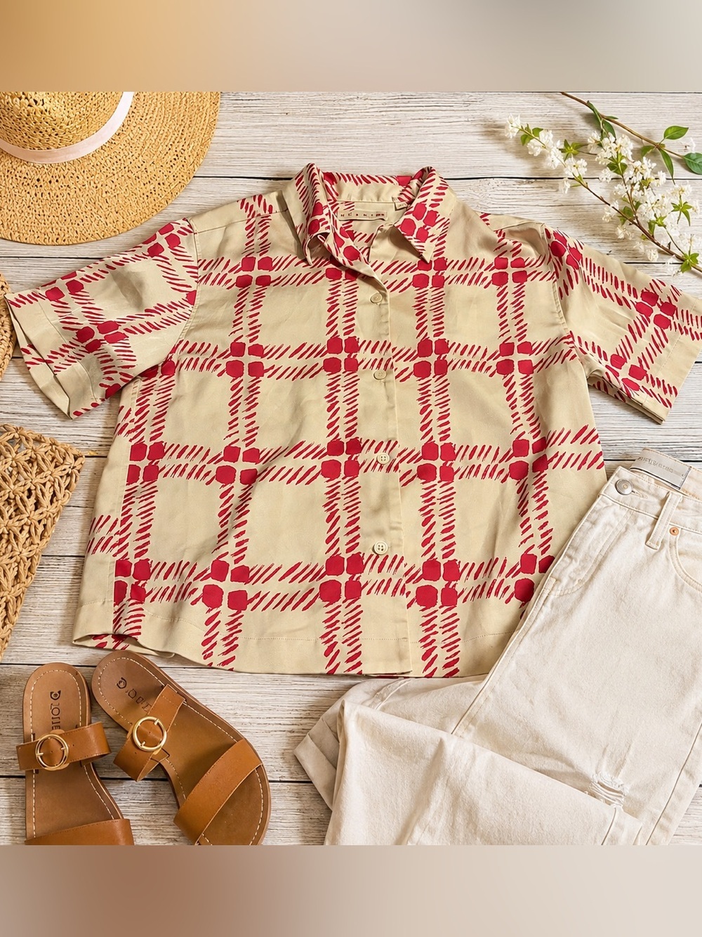 NWOT Uniqlo x Marni Oversized Cropped Camp Shirt XS Red Cream Boxy Button Up